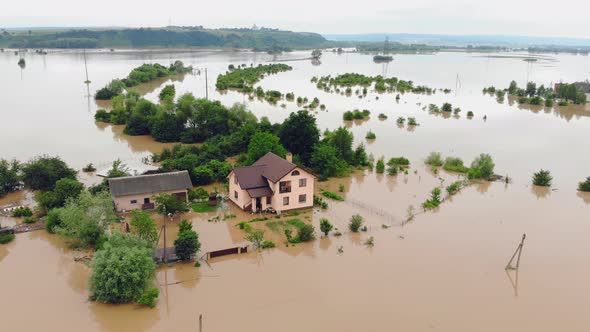 Aerial View Floods and Flooded Houses. Mass Natural Disasters and Destruction. A Big City Is Flooded alt