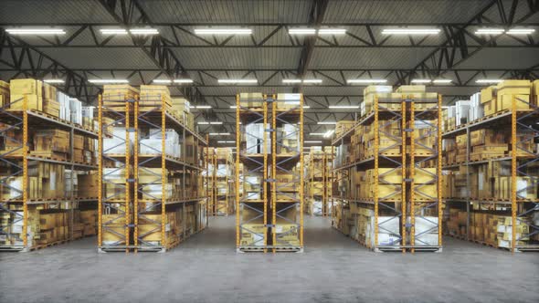 Horizontal camera move in warehouse with rows of shelves, Motion Graphics