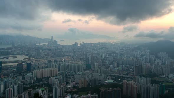 Hong Kong Urban Cityscape Aerial Skyline Panorama Timelapse at Day Pan Up alt