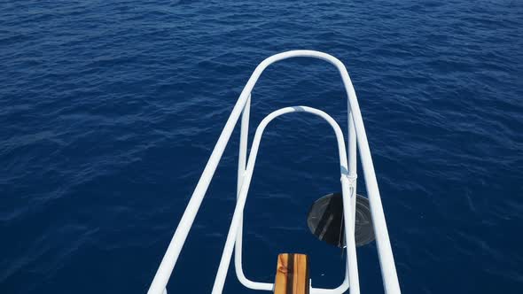 Touristic Yacht Goes To Famous Kekova Island. Bow of Yacht Over Sea Waves. Ship Passed Many alt