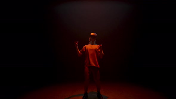 Neon Man Experiencing Virtual Reality in Dark Cyberspace alt