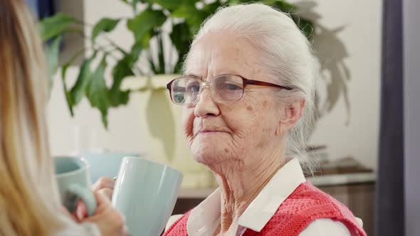 Cheerful Senior Woman Drinking Tea and Chatting with Daughter