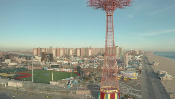 Aerial Drone Shot Ascending Past the Parachute Tower at Coney Island