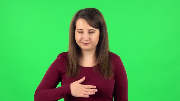 Portrait of Pretty Girl Refusing Stress and Taking Situation, Calming Down, Breathing Deeply alt