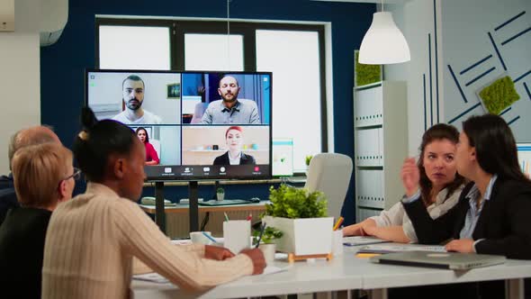 Emplyees Workers Having Webcam Conference with Coworkers Speaking on Video Call alt