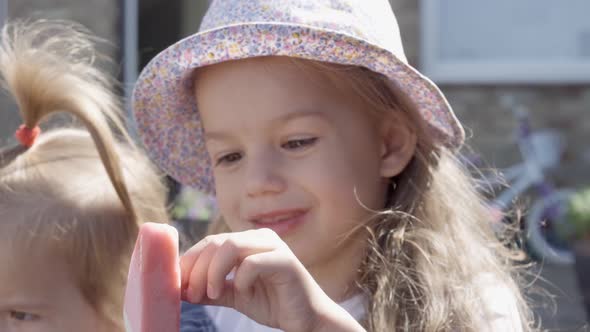 Close Up Portrait Girl Enjoys Delicious Ice Cream Cone