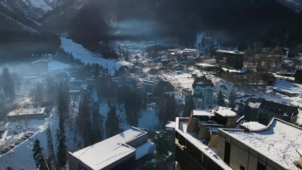 Aerial View of Dombai Village in Winter in the North Caucasus alt