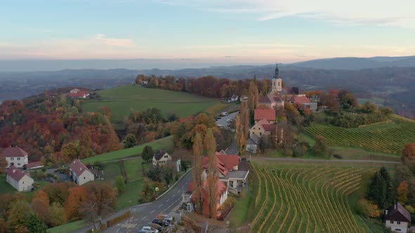 Aerial View of Austrian Vilage Kitzeck Im Sausal on Vineyard Durring Autumn Sunset Region in Styria.