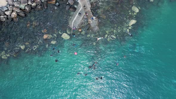 Aerial view of people enjoying a mix of different water activities. High drone view alt