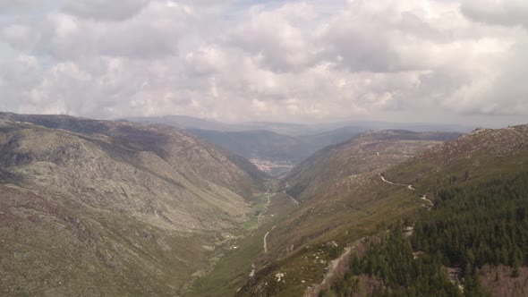 Aerial drone view of Vale Glaciar do Zezere valley in Serra Estrela, Portugal alt