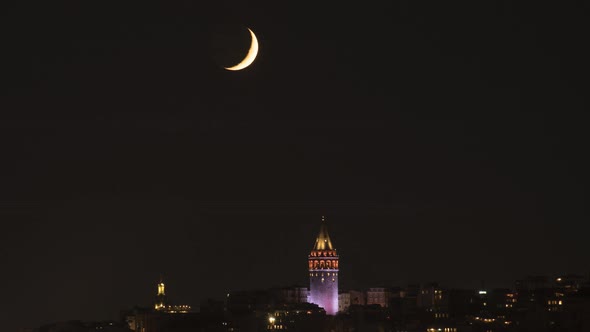 Istanbul bosphorus night galata tower moonset timelapse video alt
