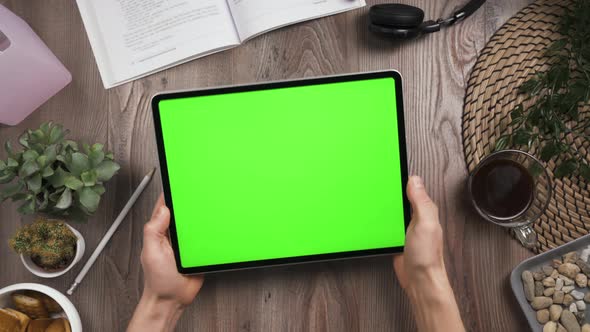 Male Hands Nervously Tap Many Times on the Touchscreen of Tab. Green Chromakey alt