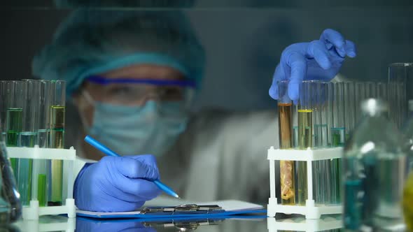 Lab Assistant Analyzing Meat Sample in Preservative Agent and Writing Results alt
