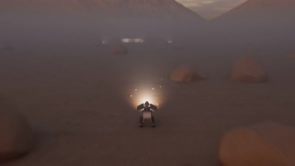 Planetary rover heading to cosmic base at the night.  Return of test vehicle. alt