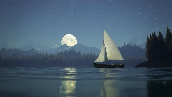 Fishing sailboat timelapse during the night. Full moon and Forest in background alt