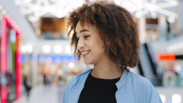 Female Portrait Happy Beautiful African American Girl Funny Woman with Curly Hair Indoors Singing alt