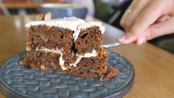 Fork Breaking a Vegan Sugarfree Carrot Cake and Showing It to the Camera alt