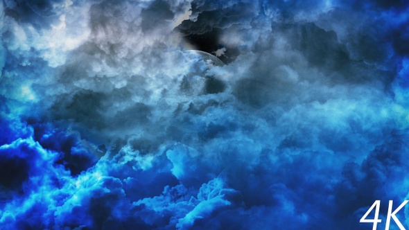 Flying Through Abstract Blue Night Clouds to Big Moon