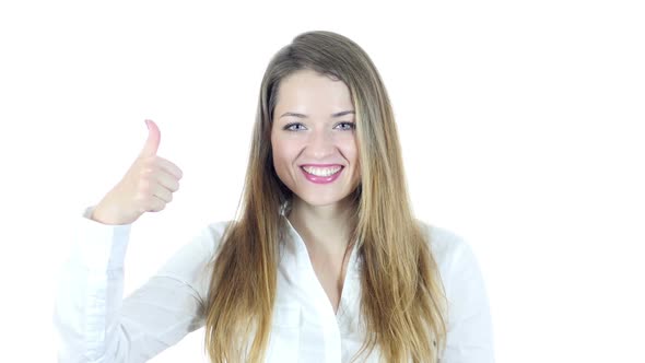 Thumbs Up By Beautiful Woman, White Background alt