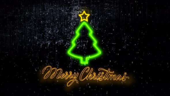 4k animated christmas background with twinkling neon tree and merry christmas lettering
