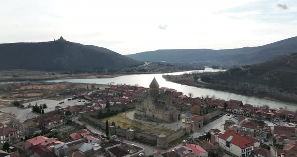 Aerial view of Orthodox Svetitskhoveli Cathedral in Mtskheta, Georgia alt
