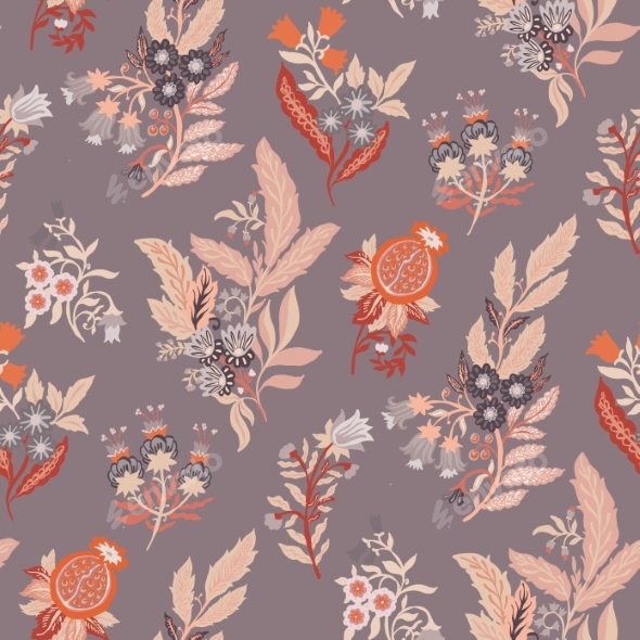 Scattered Folk Bouquets with Pomegranates on Mauve