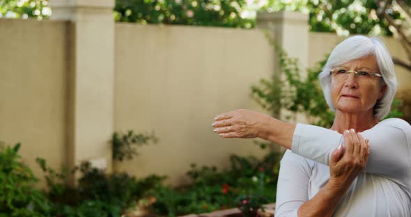 Senior woman with female trainer doing stretching exercise in garden 4k alt