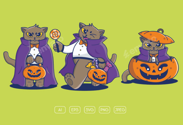 Halloween Cat Cartoon Character Set