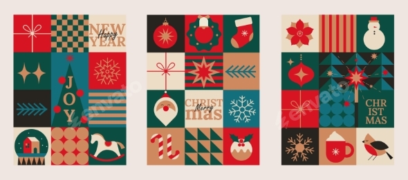 Set Christmas and New Year Bright Geometric Flyers