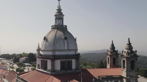 Orbital close up shot of the church dome, Sanctuary of Our Lady of Sameiro alt