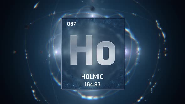Holmium as Element 67 of the Periodic Table on Blue Background in Spanish Language