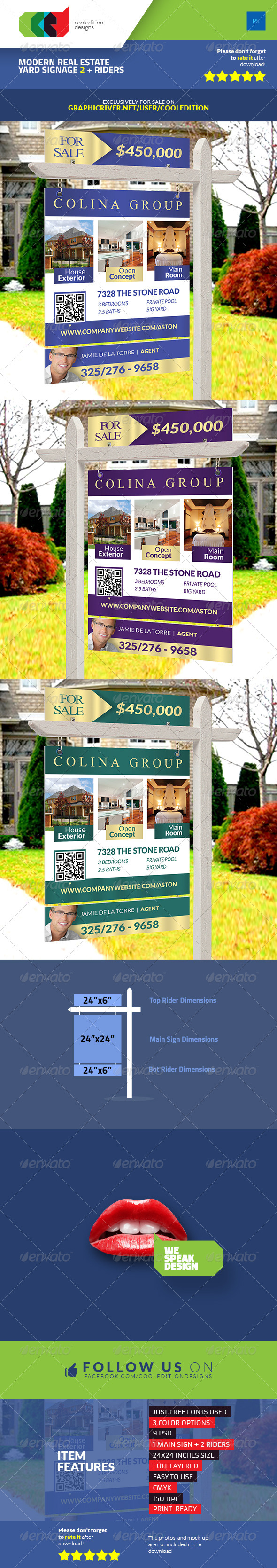 Modern Real Estate Yard Signage 2 + Riders - Signage Print Templates