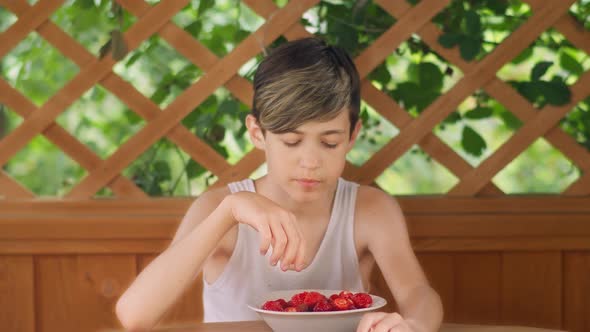 Boy Sitting Outdoors and Eating Strawberries