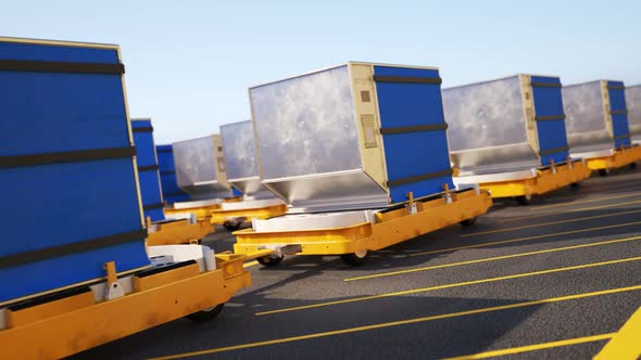 Containers On Airport Cargo Trailers. Seamless looping shot. Freight transport. alt