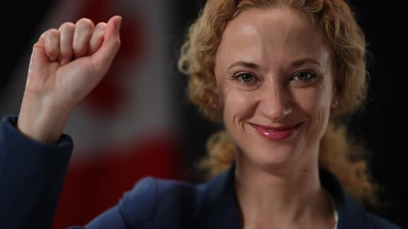 Closeup Smiling Face of Confident Politician Woman Gesturing Looking at Camera alt