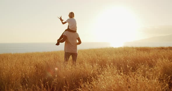 Father and son slowly spinning in fields of gold alt