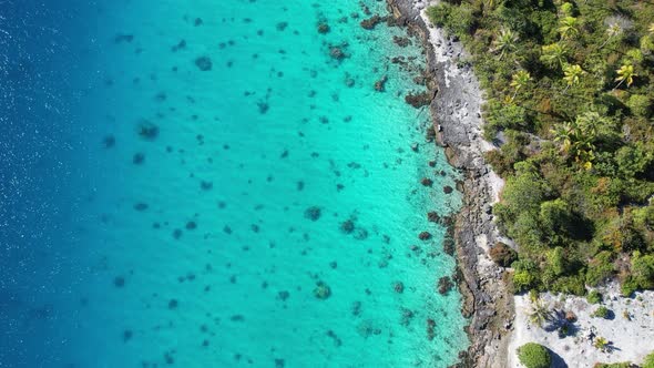 Aerial, drone shot of the shallow, clear water and coral reef of the lagoon of the atoll of Fakarava alt
