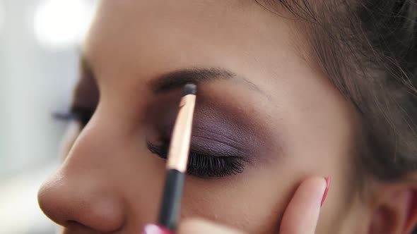 Closeup View of the Makeup Artist's Hands Correcting Eyebrows Using Special Brush alt