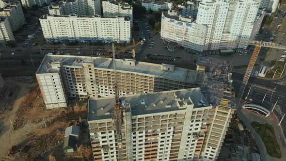 Construction Site Of A New City Block. Construction Of Multi Storey Buildings. Construction Site At