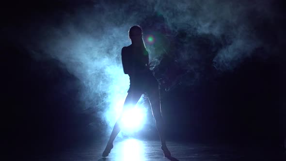 Girl Dancing Movements of Salsa, Rumba. Background Illuminated. Slow Motion alt
