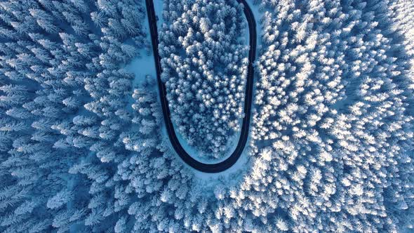 Snow-covered Forest And Asphalt Road At Winter From Above alt