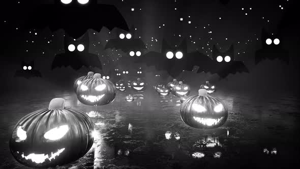 Halloween Jack Lanterns And Bats Dark Black And White Background 4k