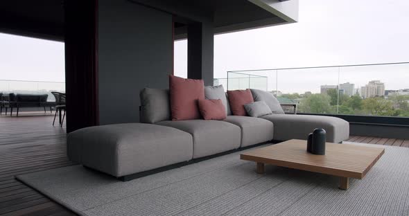 Modern Real Terrace in Luxury House with Beautiful Furniture and Sliding Door alt