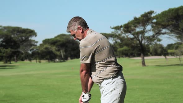 Mature man playing golf on golf course alt