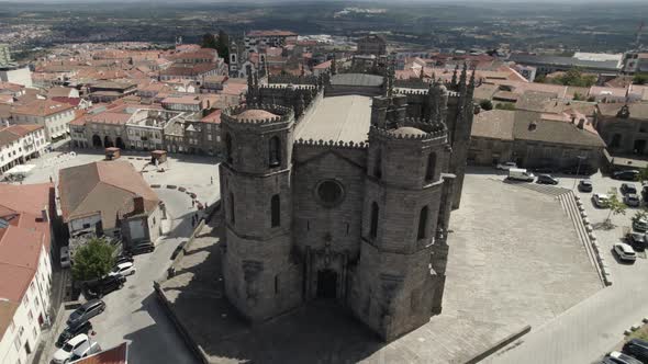 Imposing Cathedral, famous landmark in the city of Guarda, Portugal. Aerial view