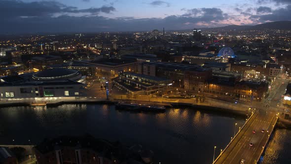Belfast city centre aerial flyover. River Lagan alt
