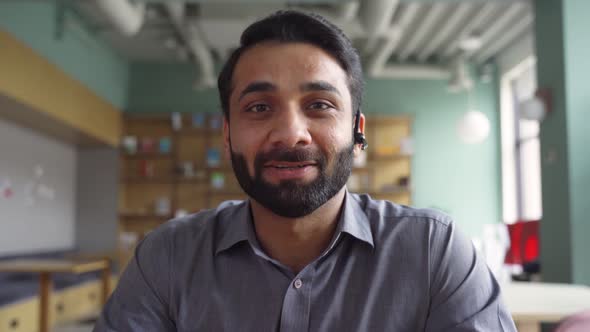 Happy Indian Business Man Teacher Talking to Web Cam on Conference Video Call alt