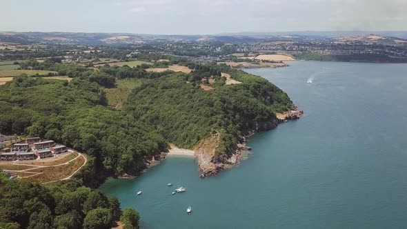 Aerial view of the Tor Bay, coves Fishcombe and Churston and rural lands near Brixham. Devon county, alt