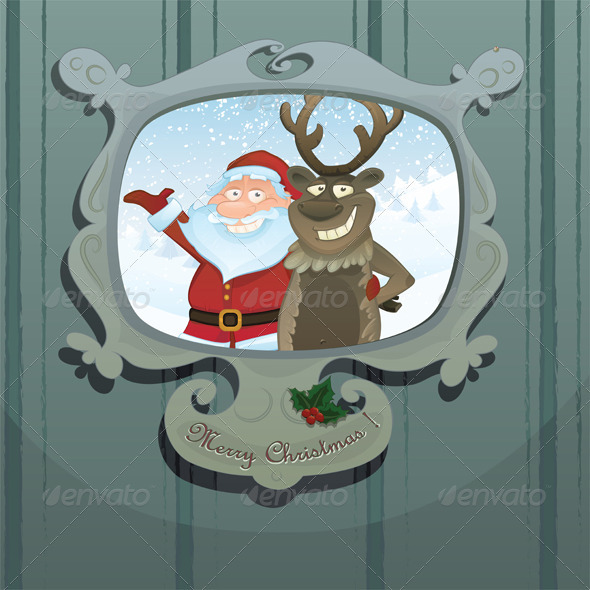 Christmas vector card with Rudolph and Santa