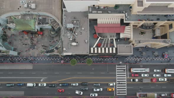 Midday camera down drone view from the famous Hollywood Walk of Fame in Los Angeles, California. ( D alt